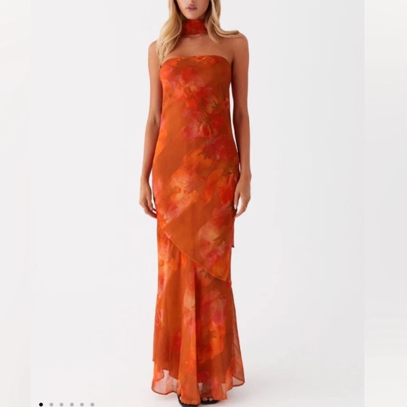 Peppermayo - Under the Pagoda Maxi Dress Amber - Strapless Orange Floral Dress - Picture 3 of 16